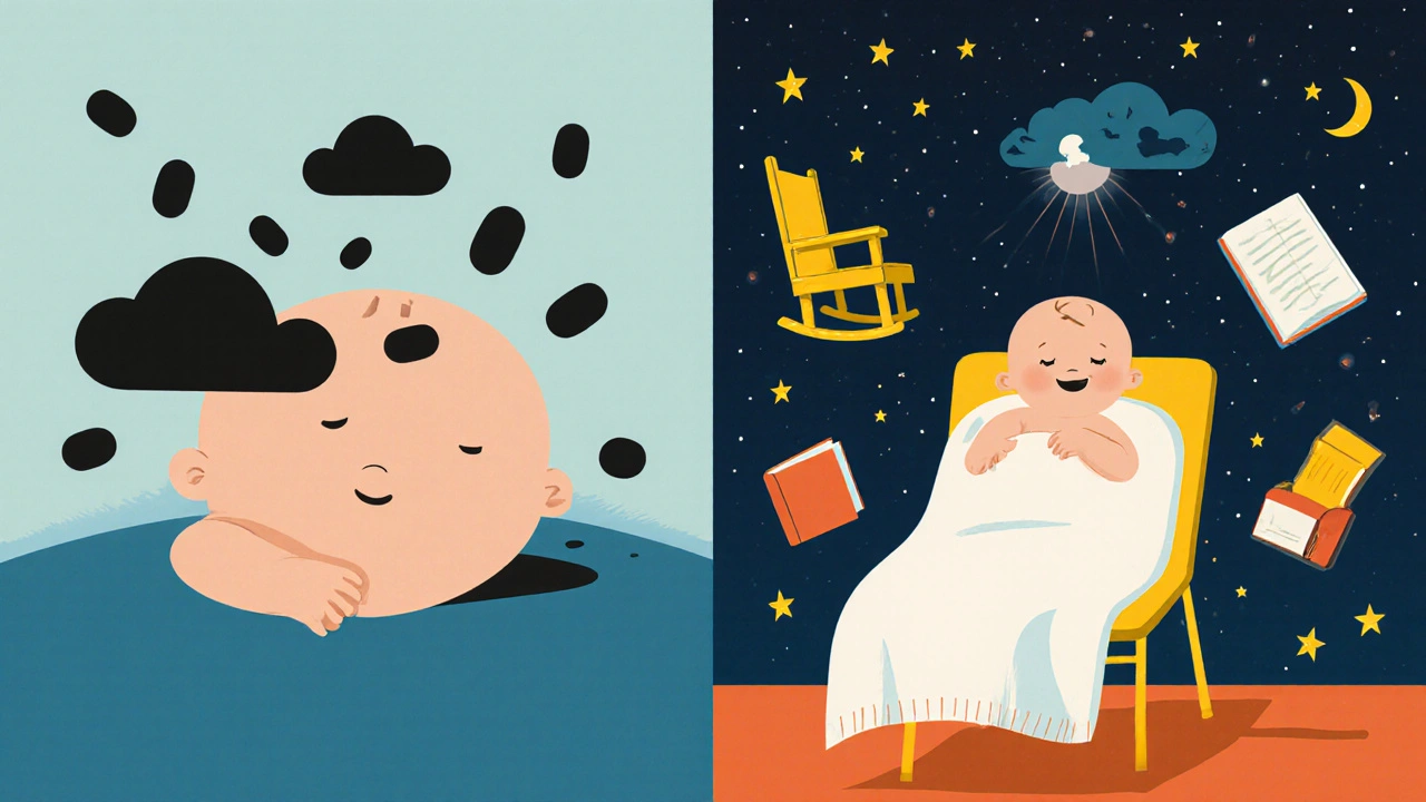 A baby is shown in two contrasting scenes: one surrounded by dangerous pills, the other by symbols of healthy sleep routine in bold graphic style.