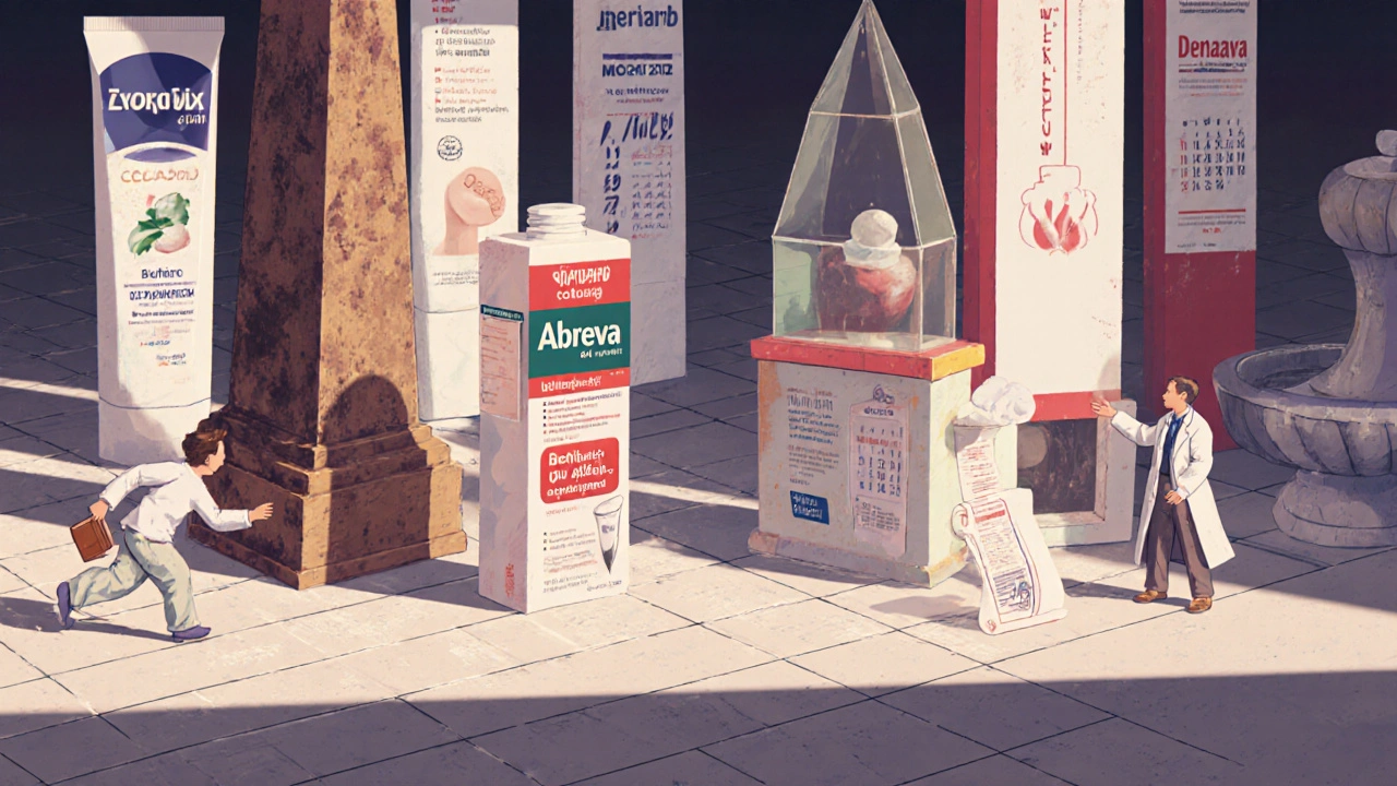 A surreal pharmacy shelf with cold sore creams as towering monuments under a fading calendar timeline.