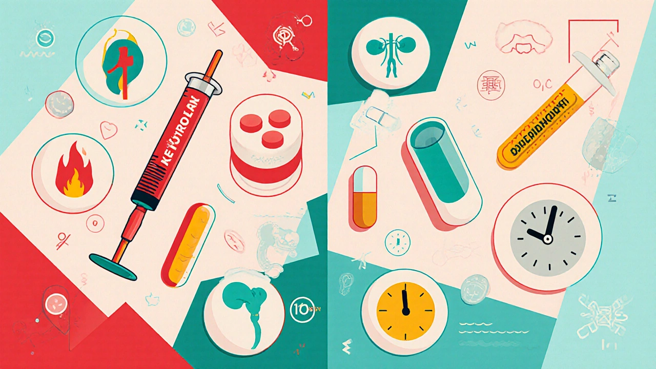 Array of different pain medication forms with icons for GI and kidney risks.