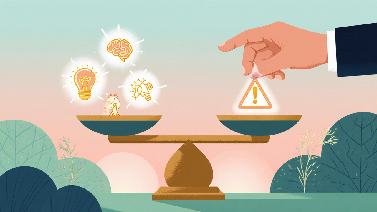 Balanced scale showing brain benefits on one side and risks on the other.