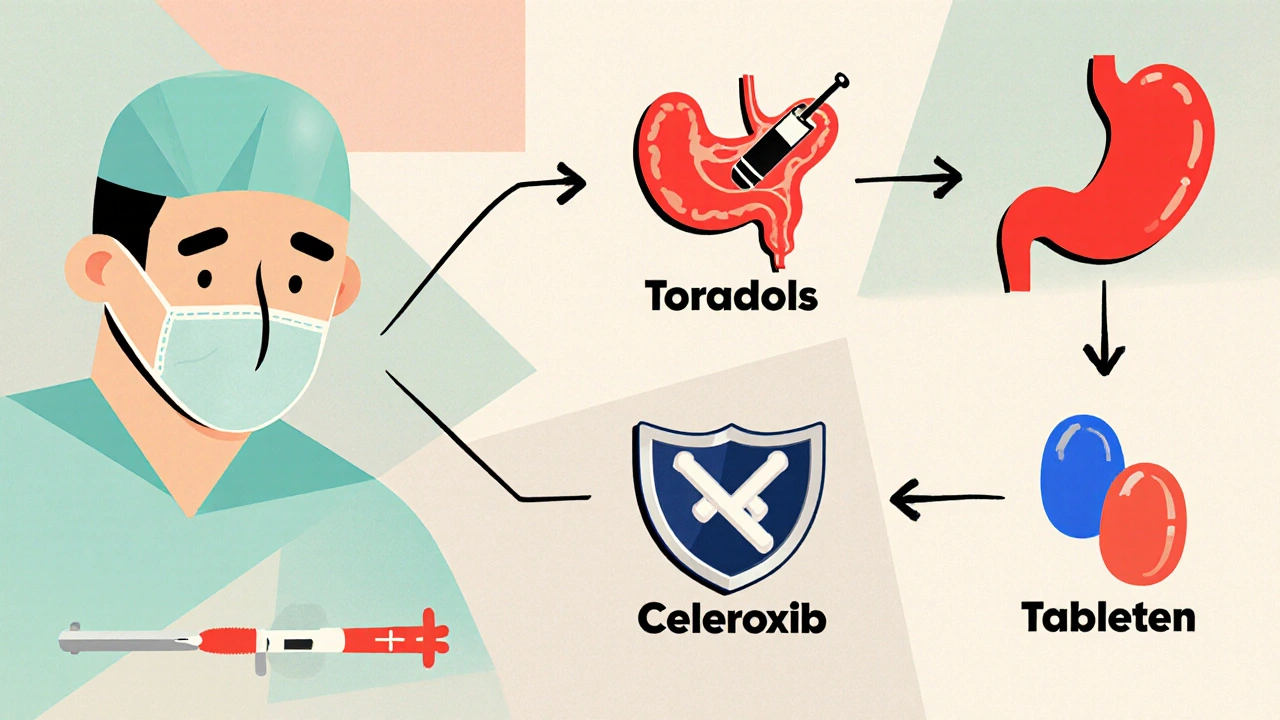 Cartoon decision flowchart showing medication choices based on pain type and risks.