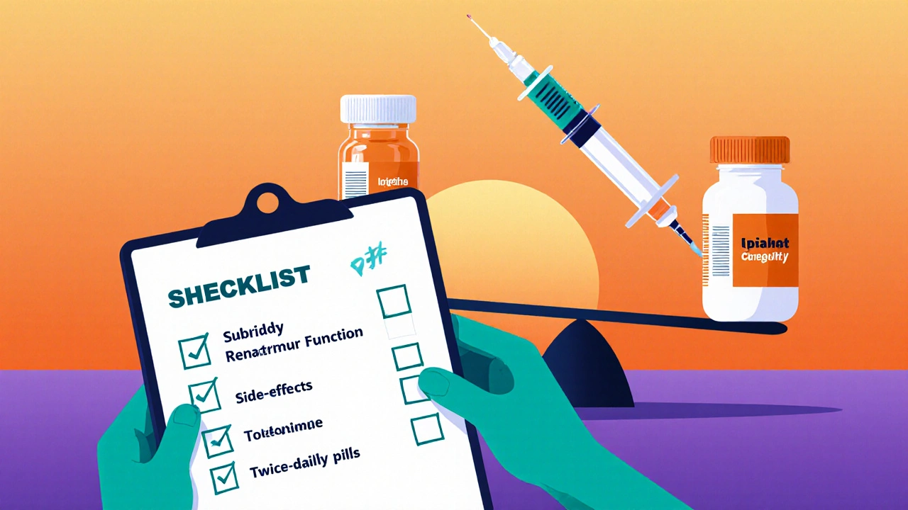 Checklist clipboard with icons and a scale balancing pills against an injectable syringe.
