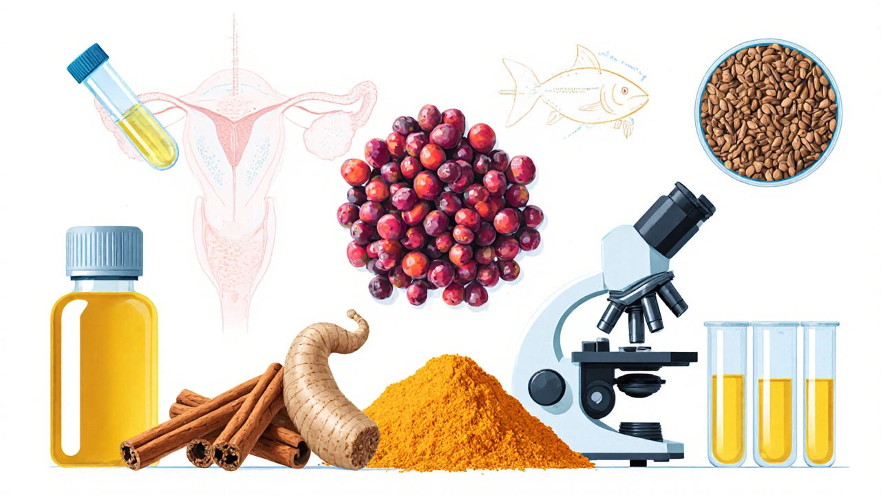 Close-up of chaste tree berries, cinnamon, turmeric, flaxseed with scientific tools.