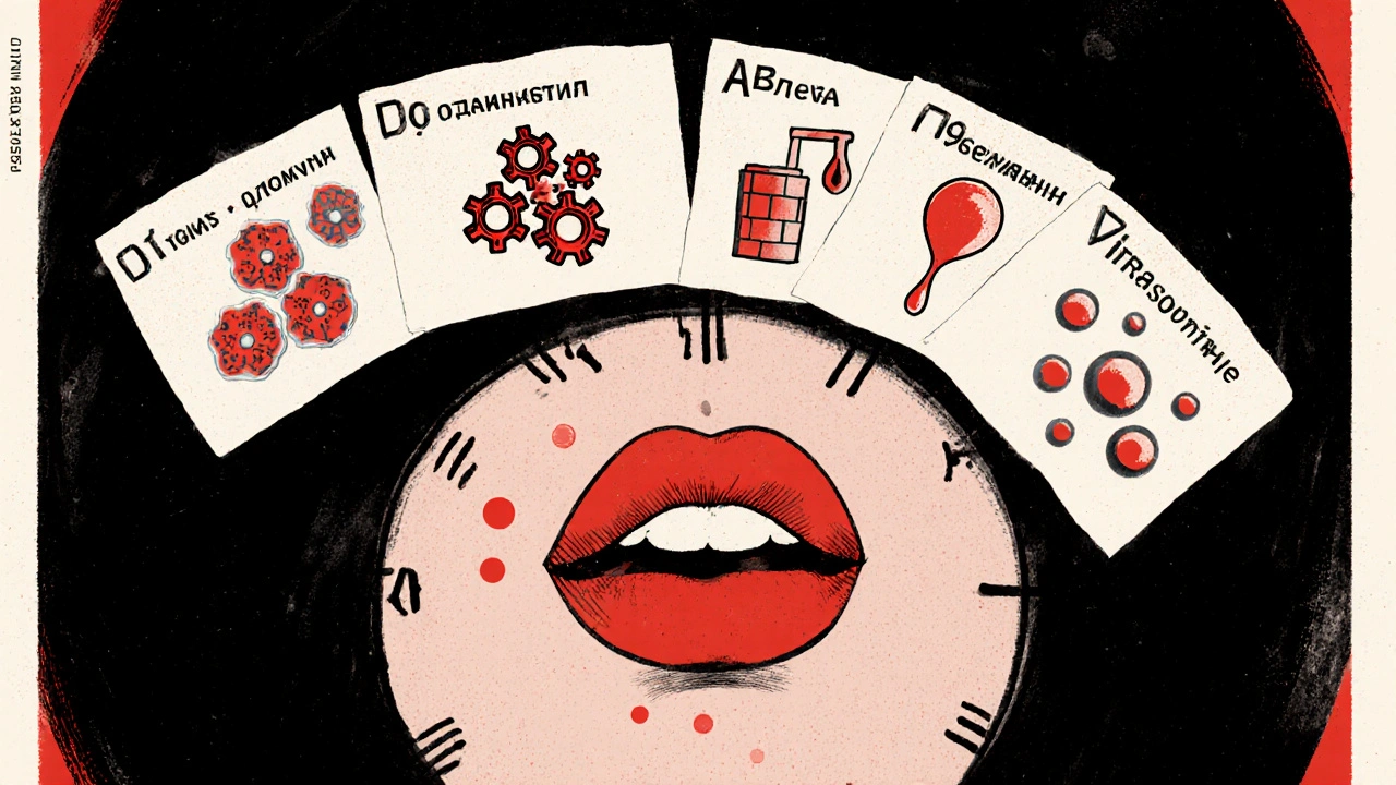 Close-up of tingling lips with translucent treatment overlays showing how each cream interacts with the virus.