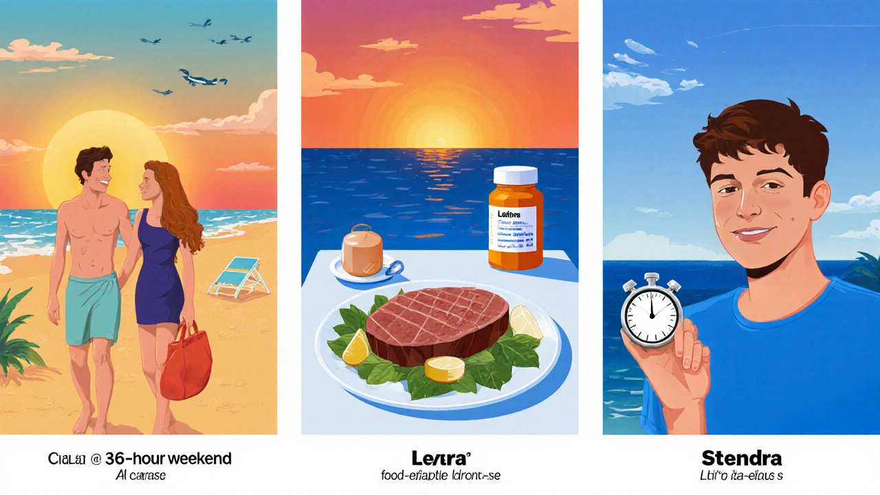 Collage of beach weekend, dinner with Levitra, and Stendra with stopwatch indicating fast onset.