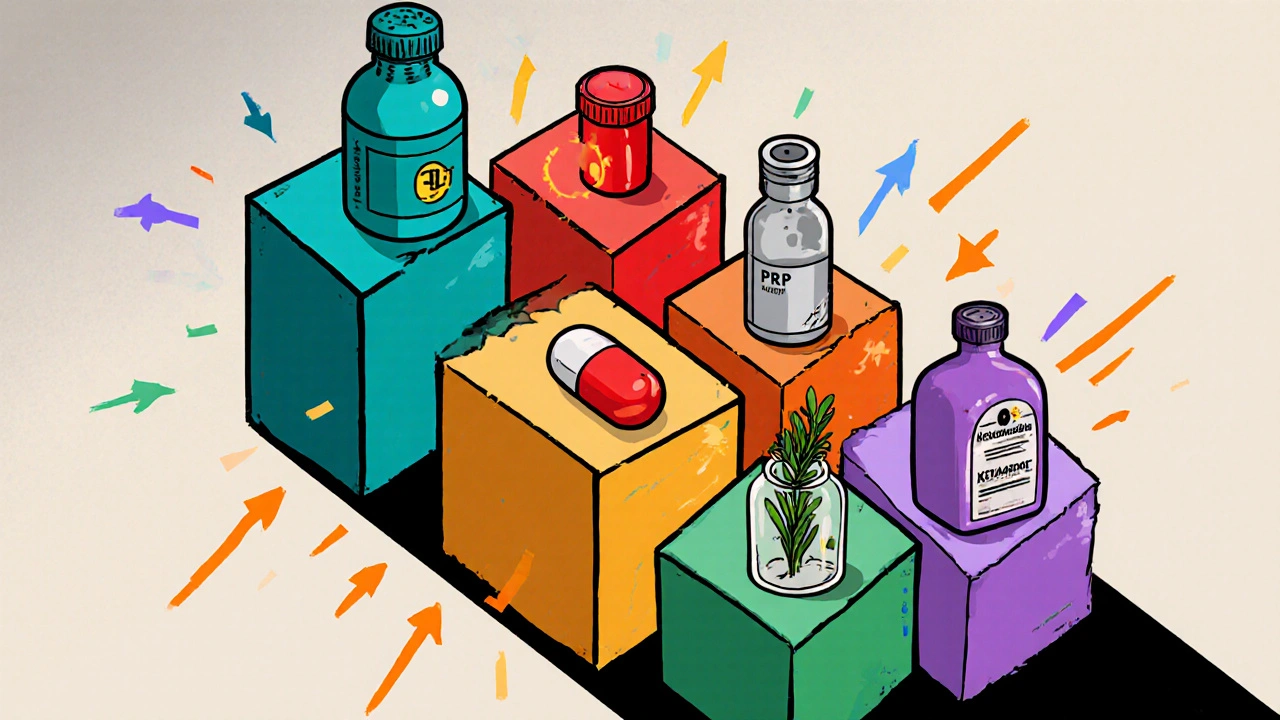 Collage of icons for Lonitab, Finasteride, Dutasteride, laser cap, PRP, rosemary oil, and shampoo in bold blocks.