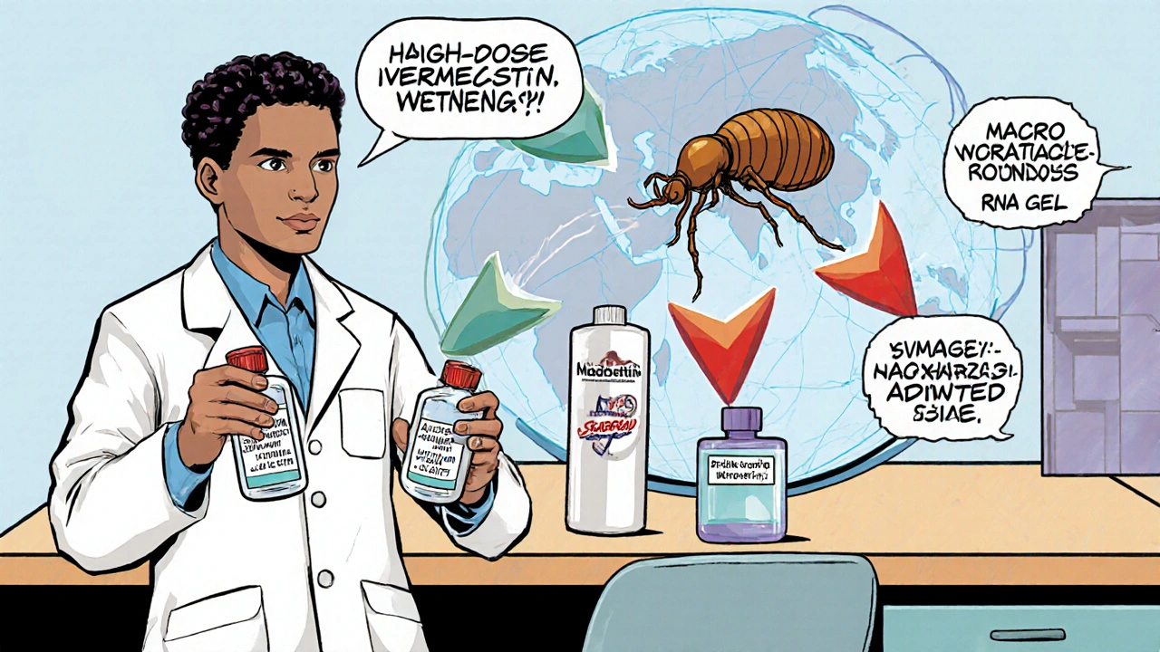 Comic‑style lab scene showing vials of new scabies drugs and a mite model with action arrows.
