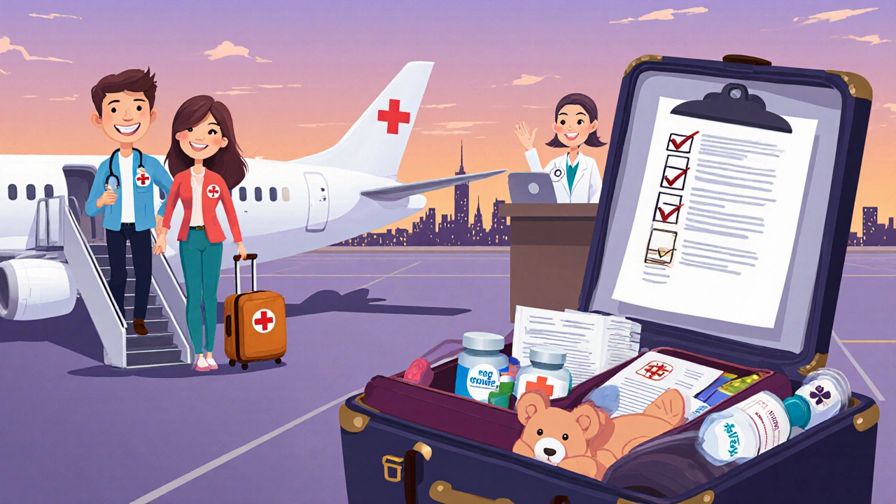 Couple boarding a plane with medical luggage, doctor waving, and checklist items visible in suitcase.