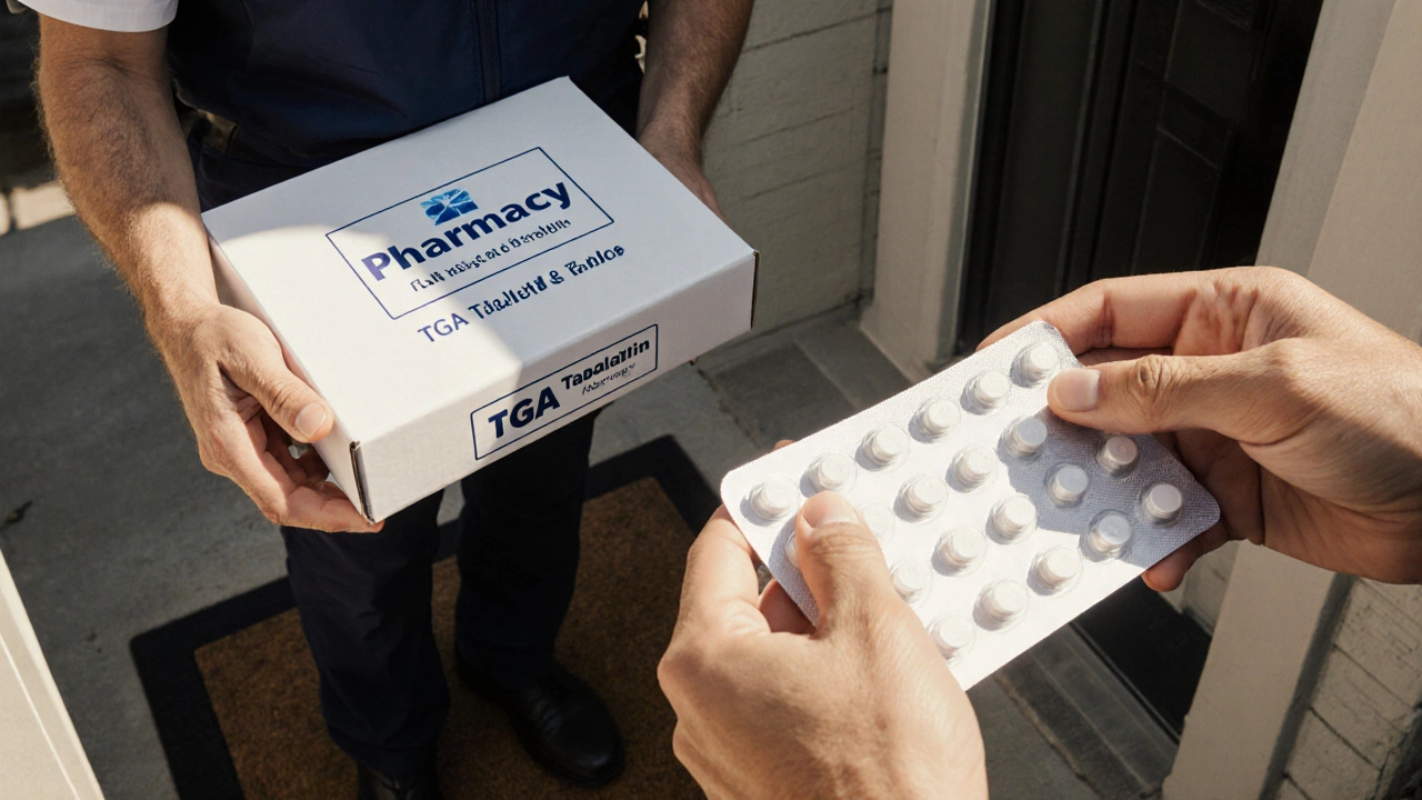 Courier delivering a box; recipient opens it to reveal genuine tadalafil tablets with label.
