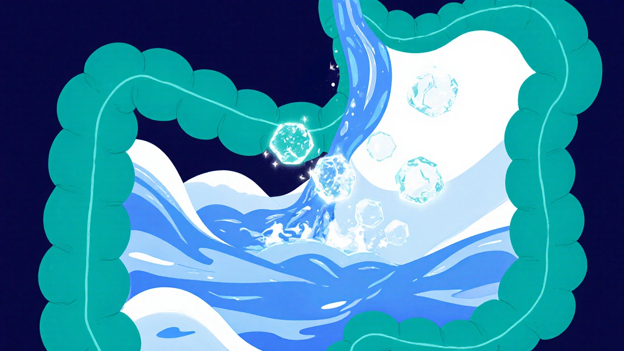 Cross‑section of colon showing water drawn in by glowing magnesium particles.