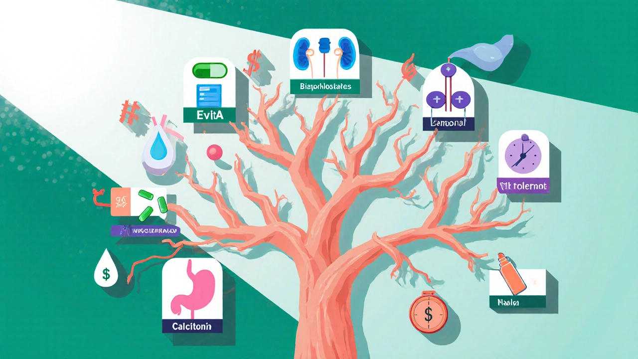 Decision‑tree poster showing drug icons and criteria like kidney, GI, dosing, and cost.