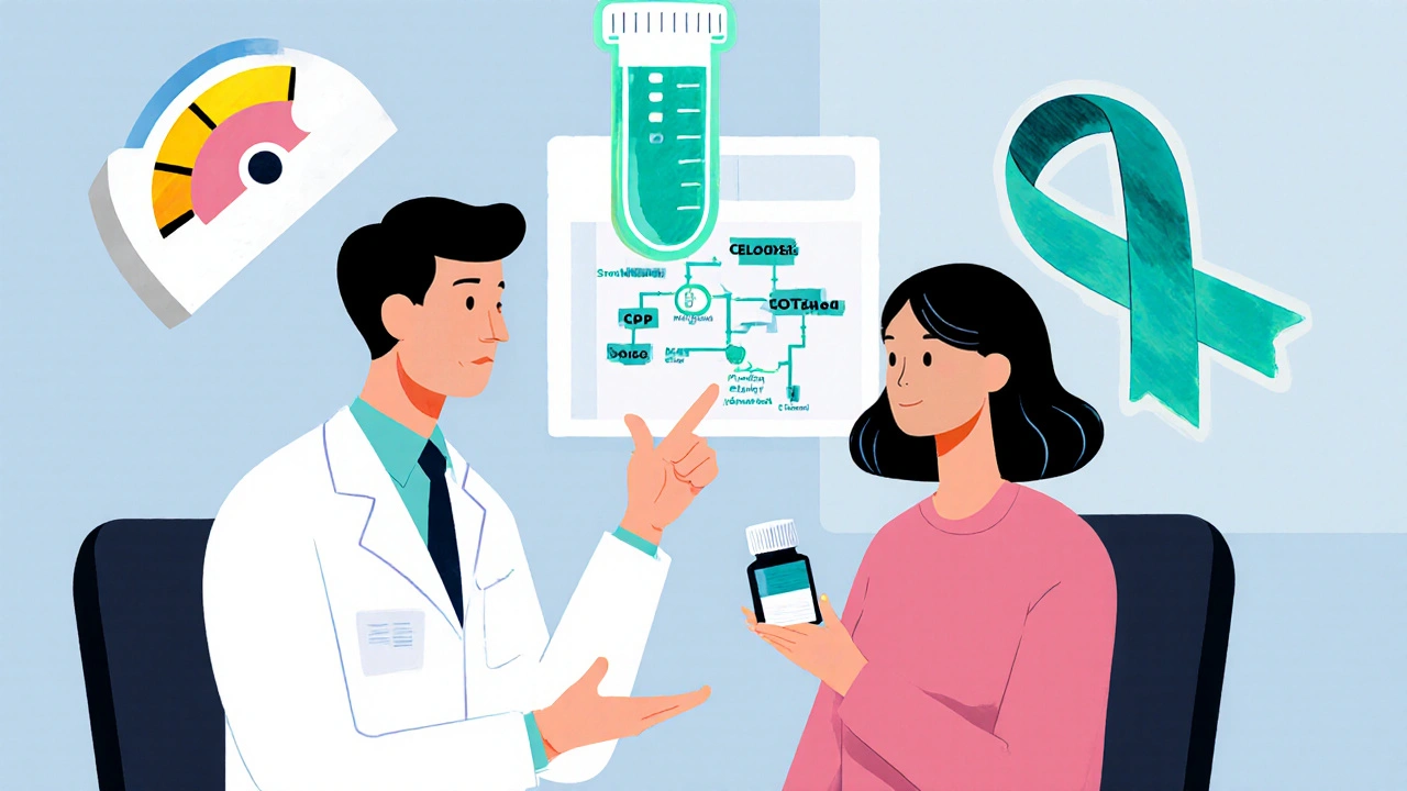 Doctor and patient with mood scale, CRP test tube, and serotonin pathway icons.