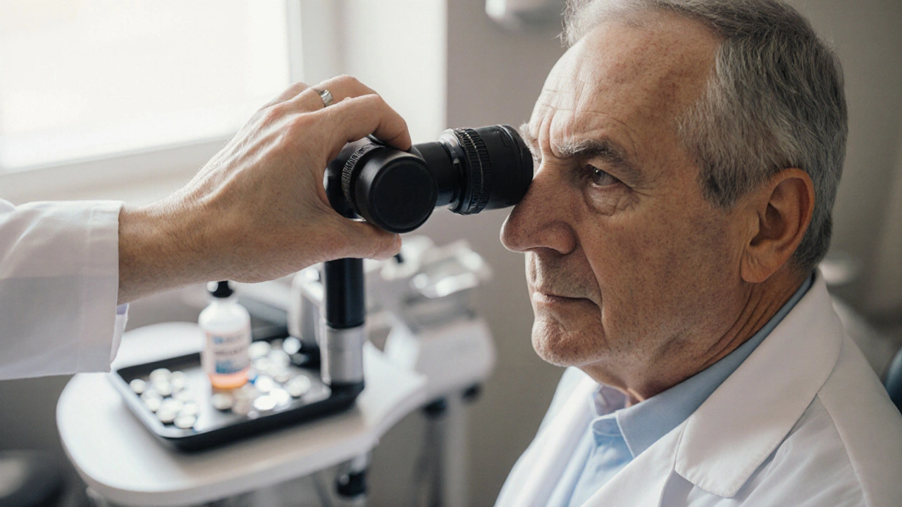 Doctor examining a patient’s eye with slit lamp, antiviral meds nearby.