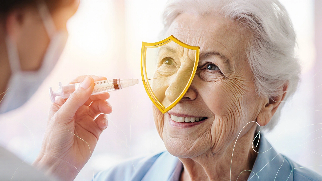 Elderly woman getting vaccine, golden shield glowing over her eye.