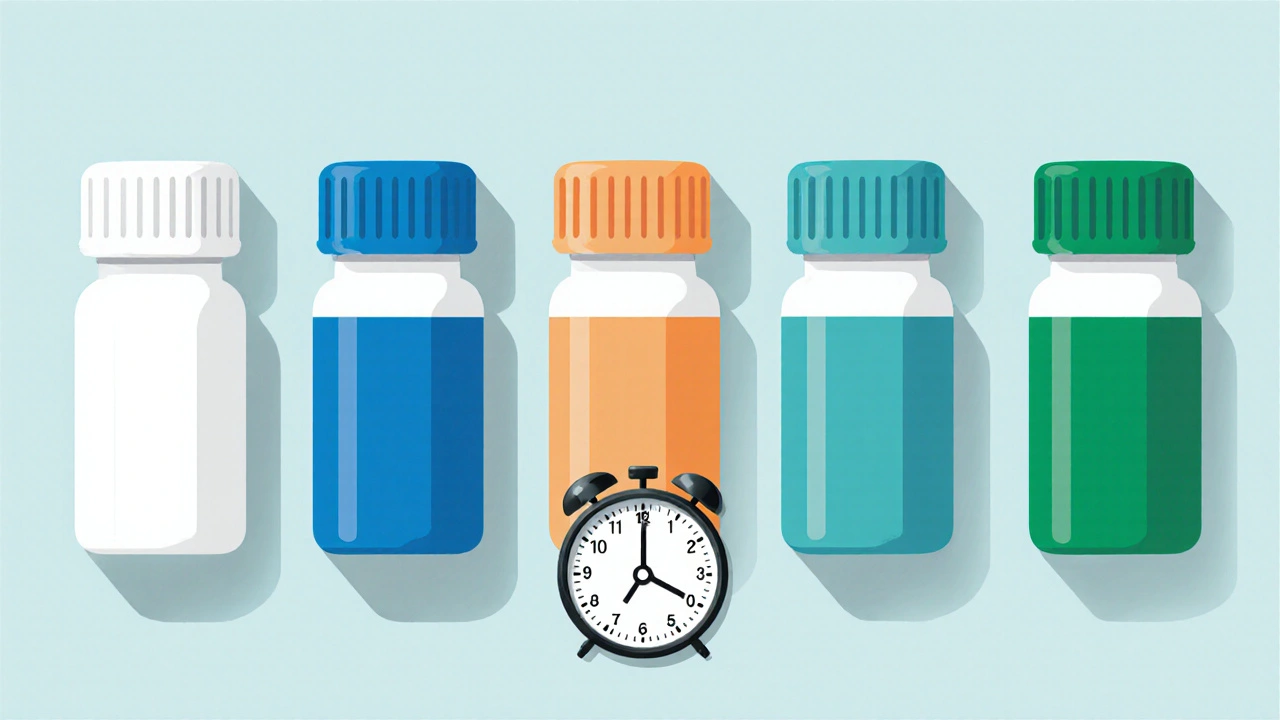 Five pill bottles next to clocks showing different onset times in pastel colors.
