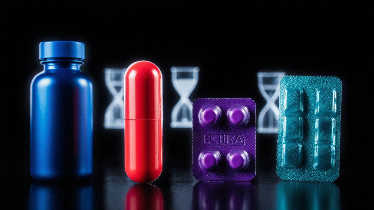 Four different pill bottles on a reflective surface with hourglass silhouettes suggesting varied onset times.