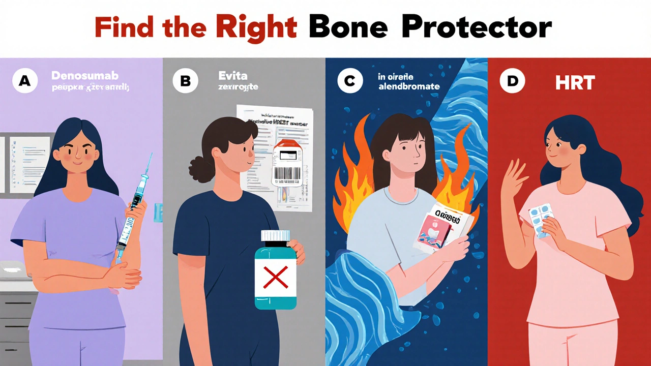 Four patient scenarios illustrating appropriate osteoporosis drug choices for each case.