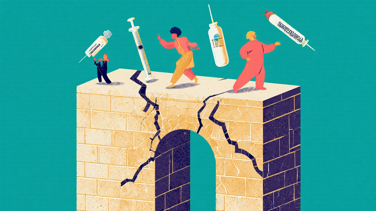 Fractured bone being rebuilt by five colorful drug figures representing modern osteoporosis treatments.