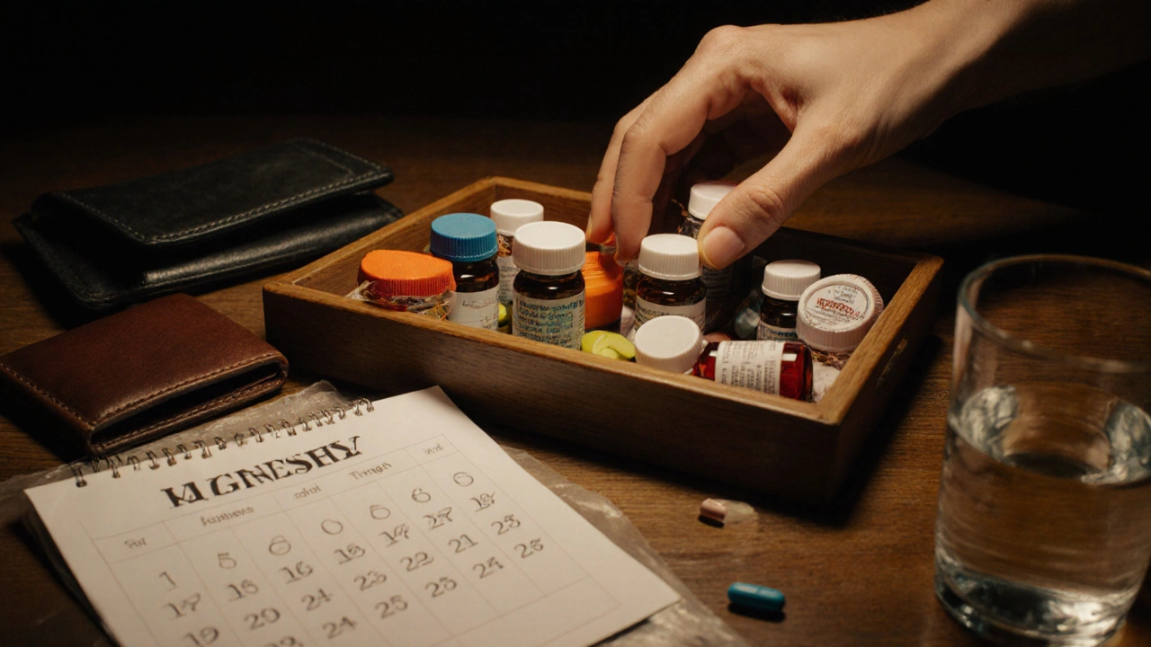 Hand reaching into a tray of medication bottles beside a wallet and calendar, indicating choice.
