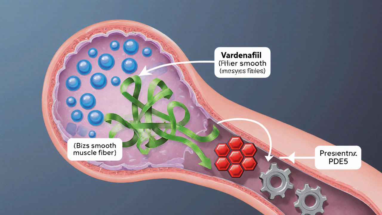 Illustration of vardenafil blocking PDE5, showing NO, cGMP, and smooth muscle relaxation.