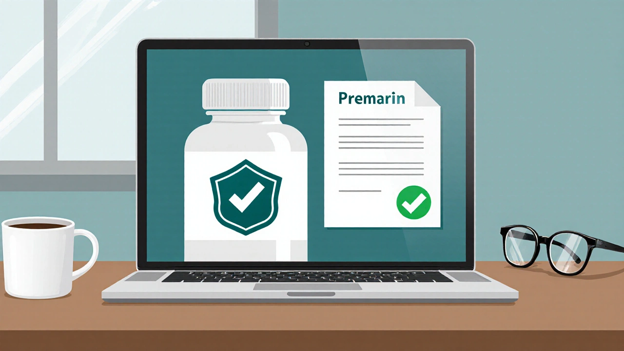 Laptop screen showing VIPPS badge and medication icons, representing safe online purchase.