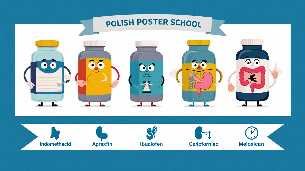 Lineup of NSAID pills with icons for stomach, kidney, and dosing in graphic illustration.