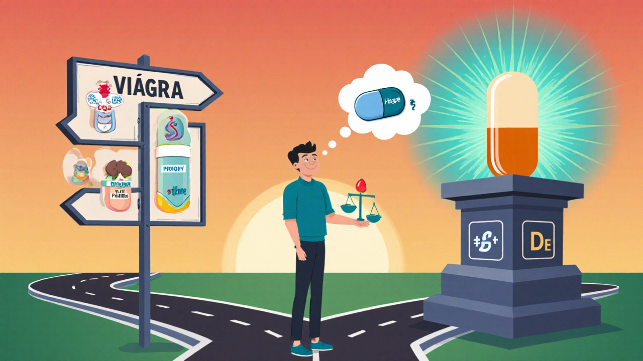 Man at a crossroads choosing between separate ED/PE pills and a single glowing Super Avana tablet.