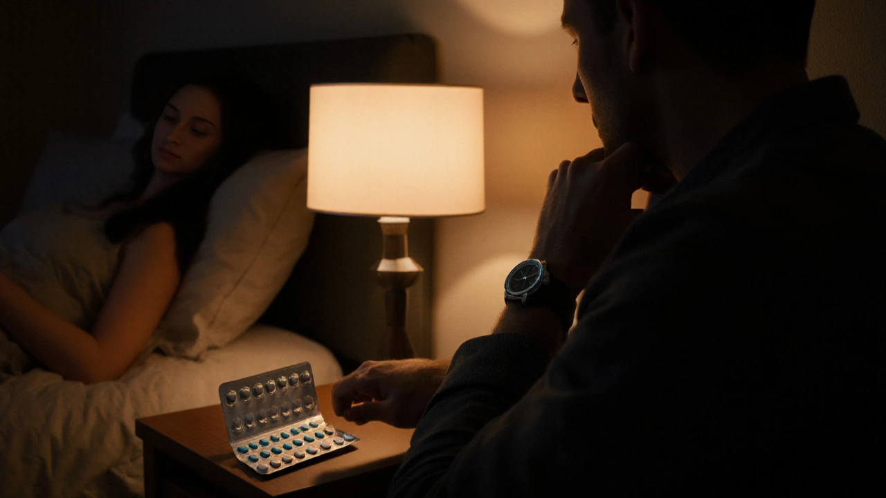 Man checking his watch beside a tablet blister pack in a dim bedroom.