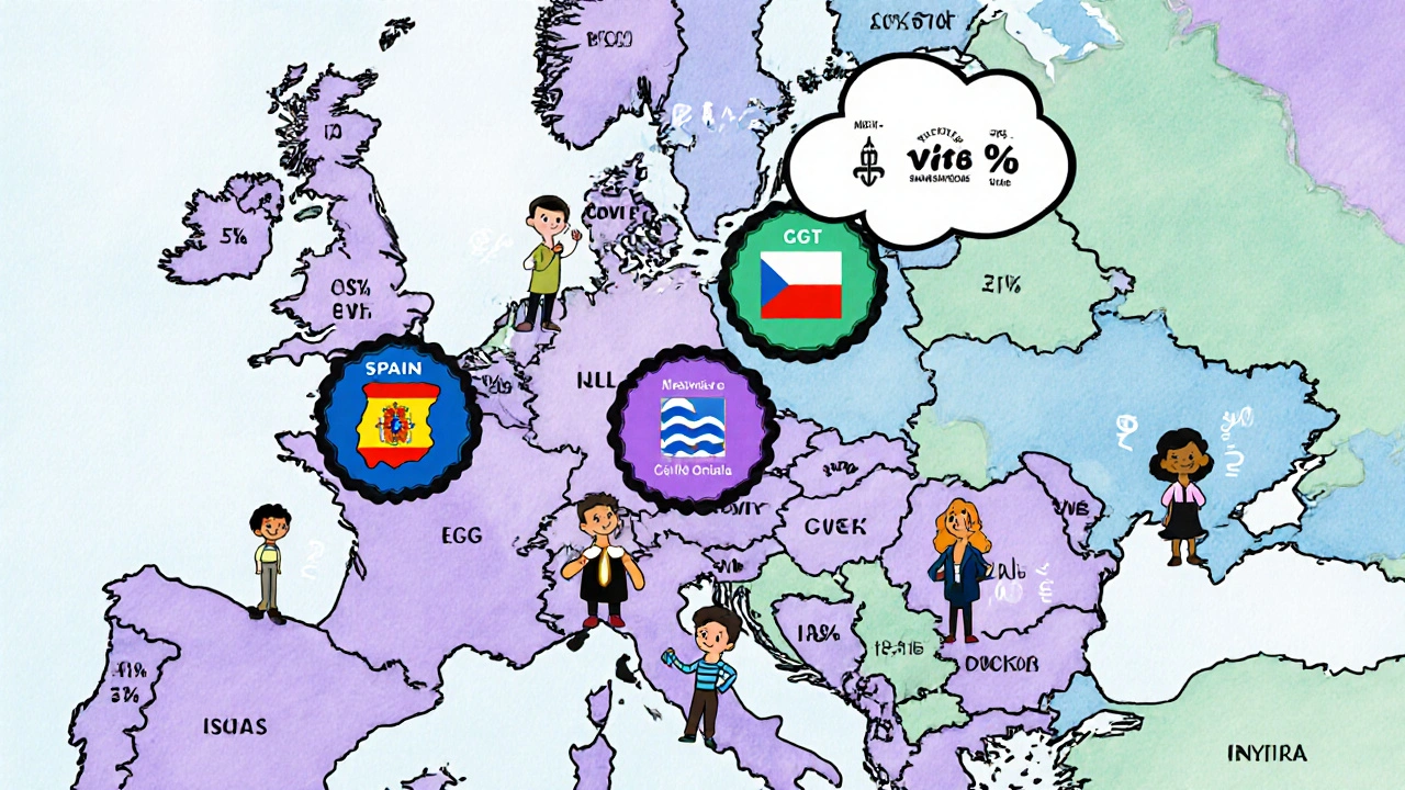 Map highlighting Spain, Czech, Greece, California, and Thailand with treatment icons and curious couples.