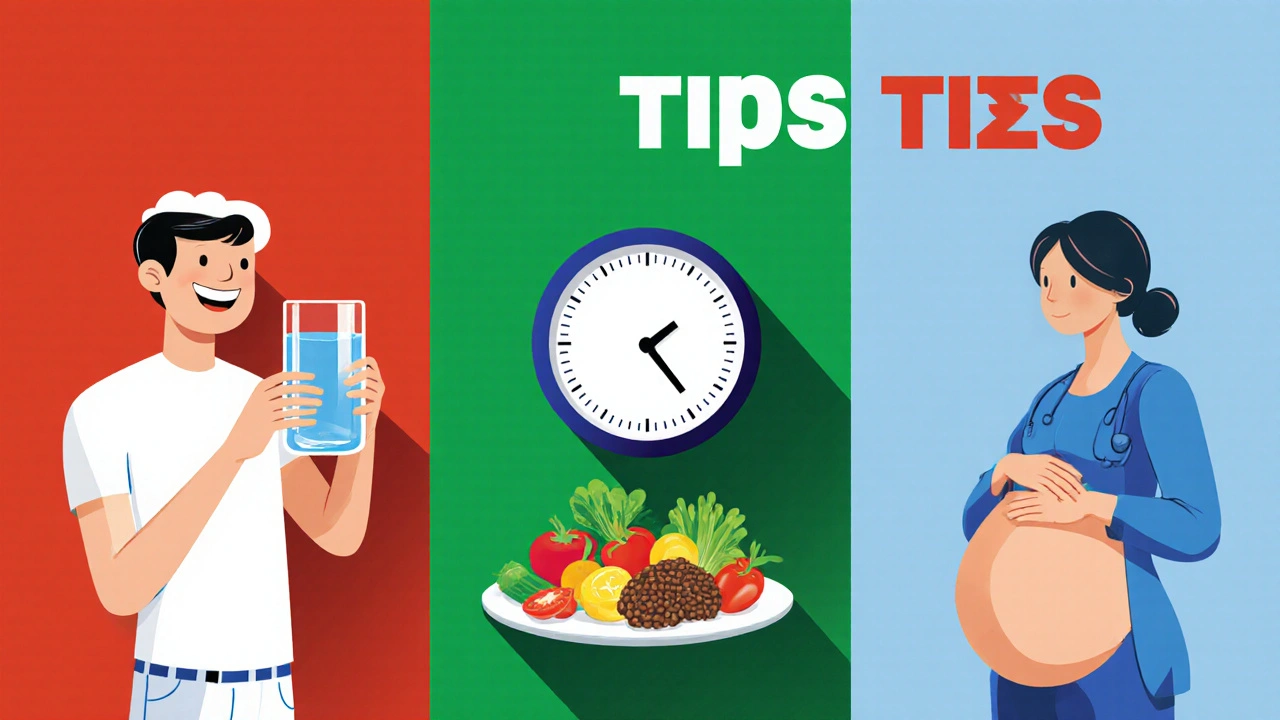 Montage of water glass, clock, fiber foods, and pregnant figure with doctor.