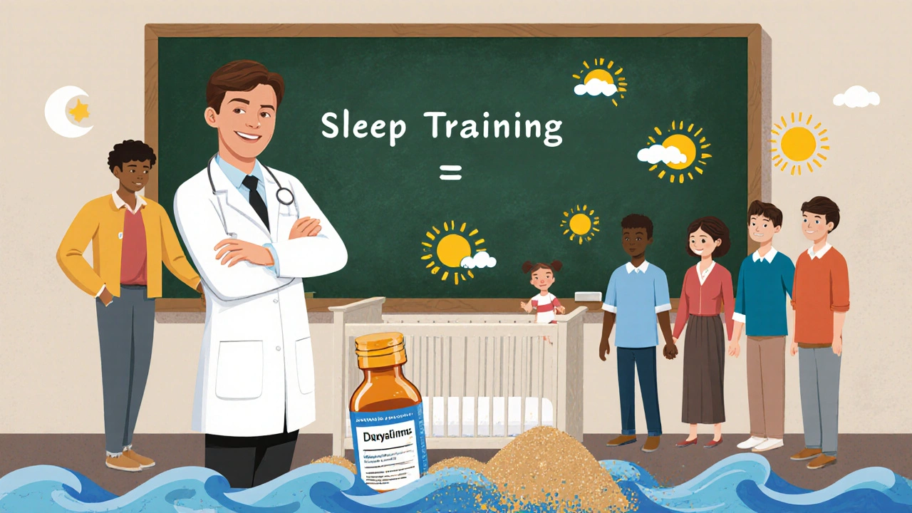 Parents stand united around a crib as harmful sleep pills crumble, replaced by rising suns and calm waves, symbolizing safe sleep training.