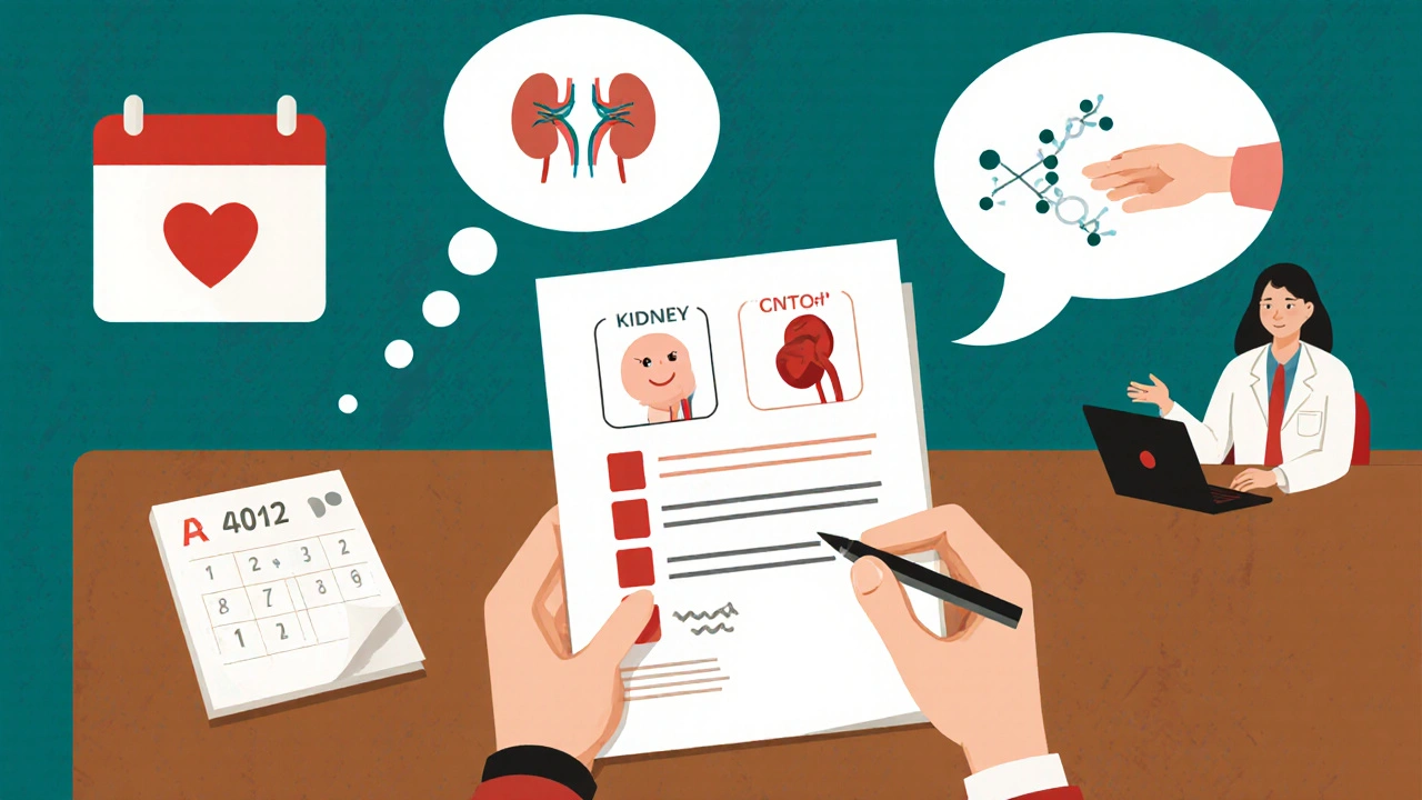 Patient reviewing blood test, heart/kidney icons, and mood‑boosting thought bubble.
