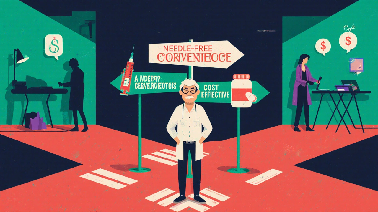 Person at a crossroads with signposts for injection, pills, and cost, in bold cartoon poster style.