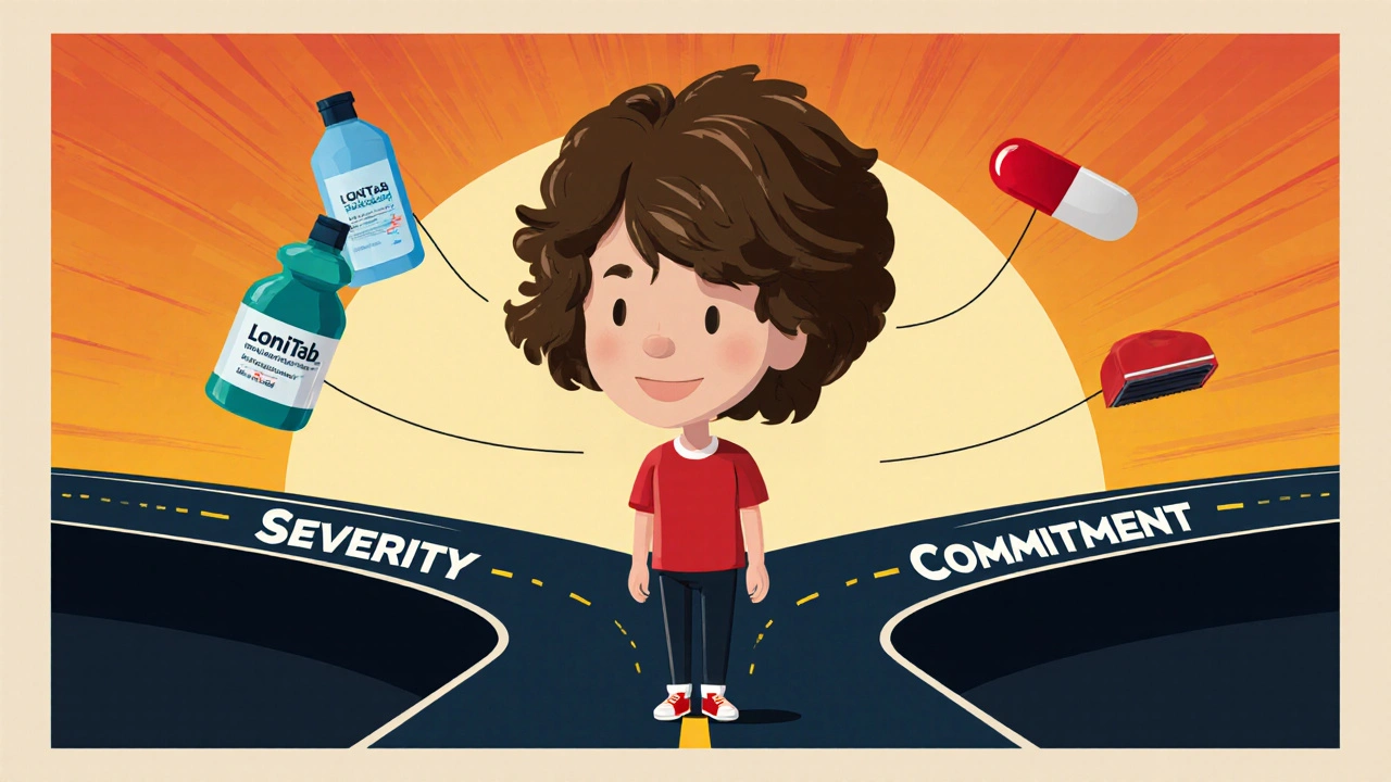Person with thick hair on a path branching into severity, commitment, and budget, with treatment icons nearby.