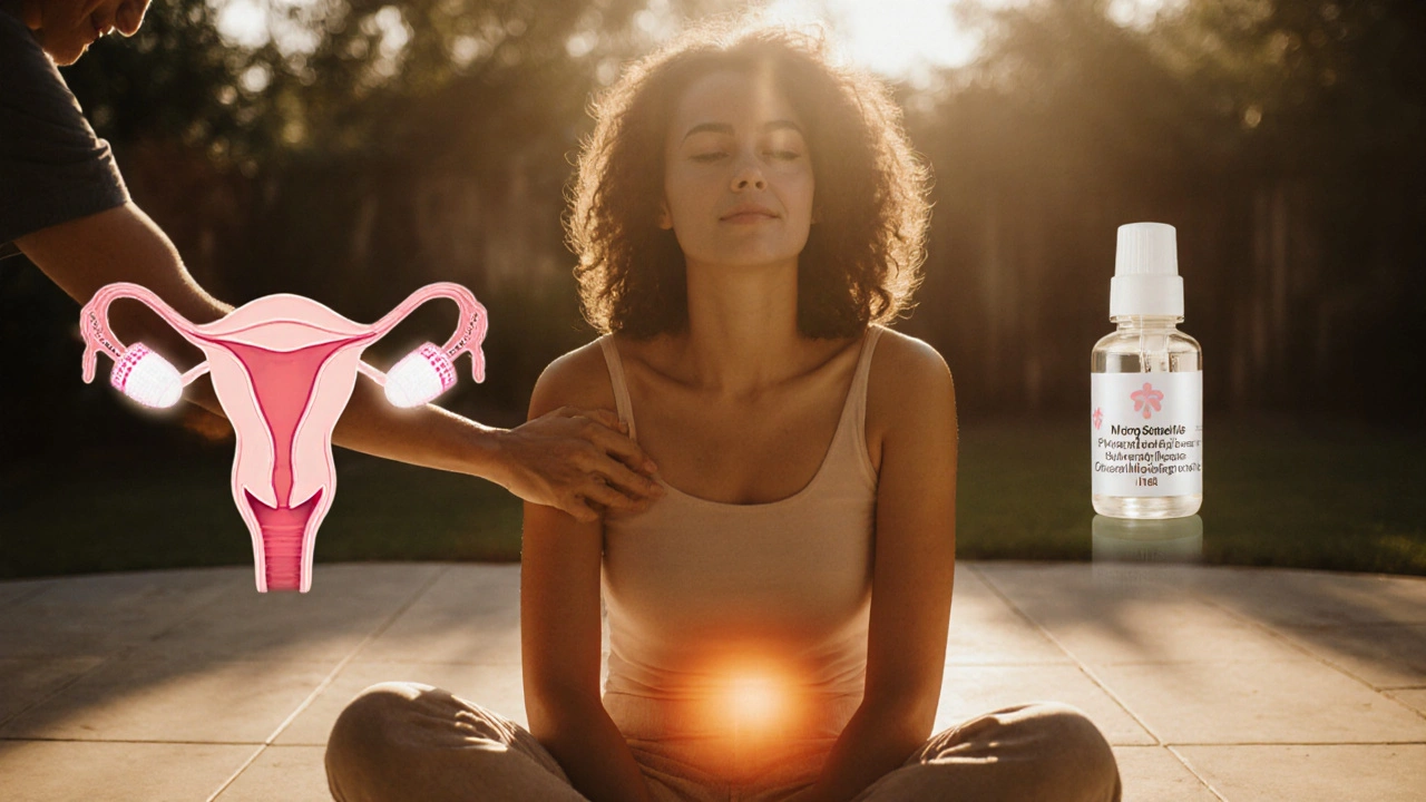 Portrait of a relaxed woman with glowing abdomen and faint outlines of an IUS and progesterone gel.
