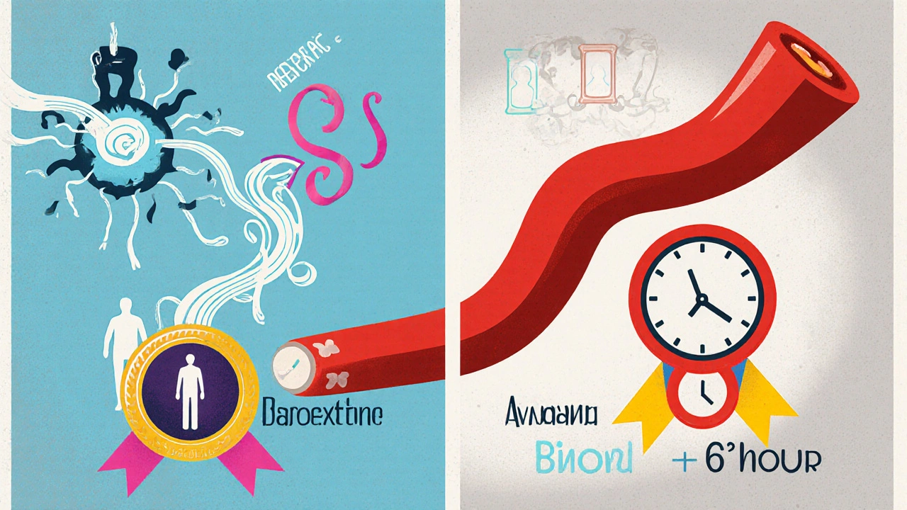 Poster comparing dapoxetine&#039;s serotonin ribbons delaying ejaculation and avanafil&#039;s red artery increasing blood flow.