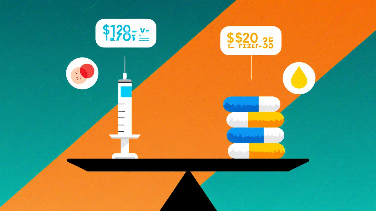 Side‑by‑side needle and tablet stack on a scale, with price tags and tiny side‑effect icons.