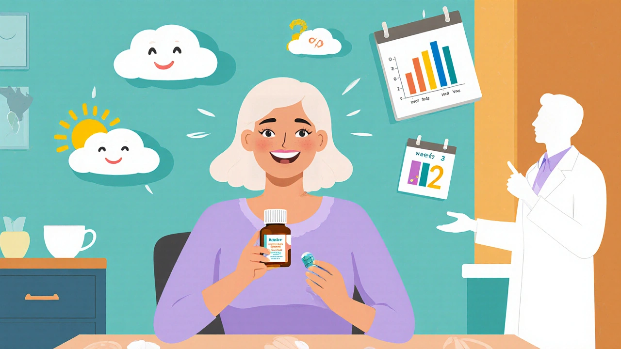 Smiling menopausal woman holding a pill bottle with mood icons around her.