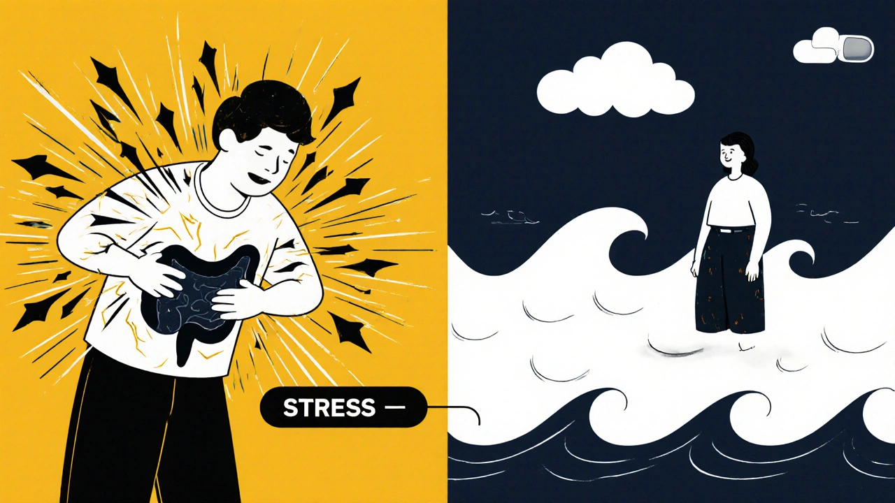 Split image: chaotic gut symptoms on left, calm gut on right, separated by 'Stress' with hydroxyzine pill as anchor.