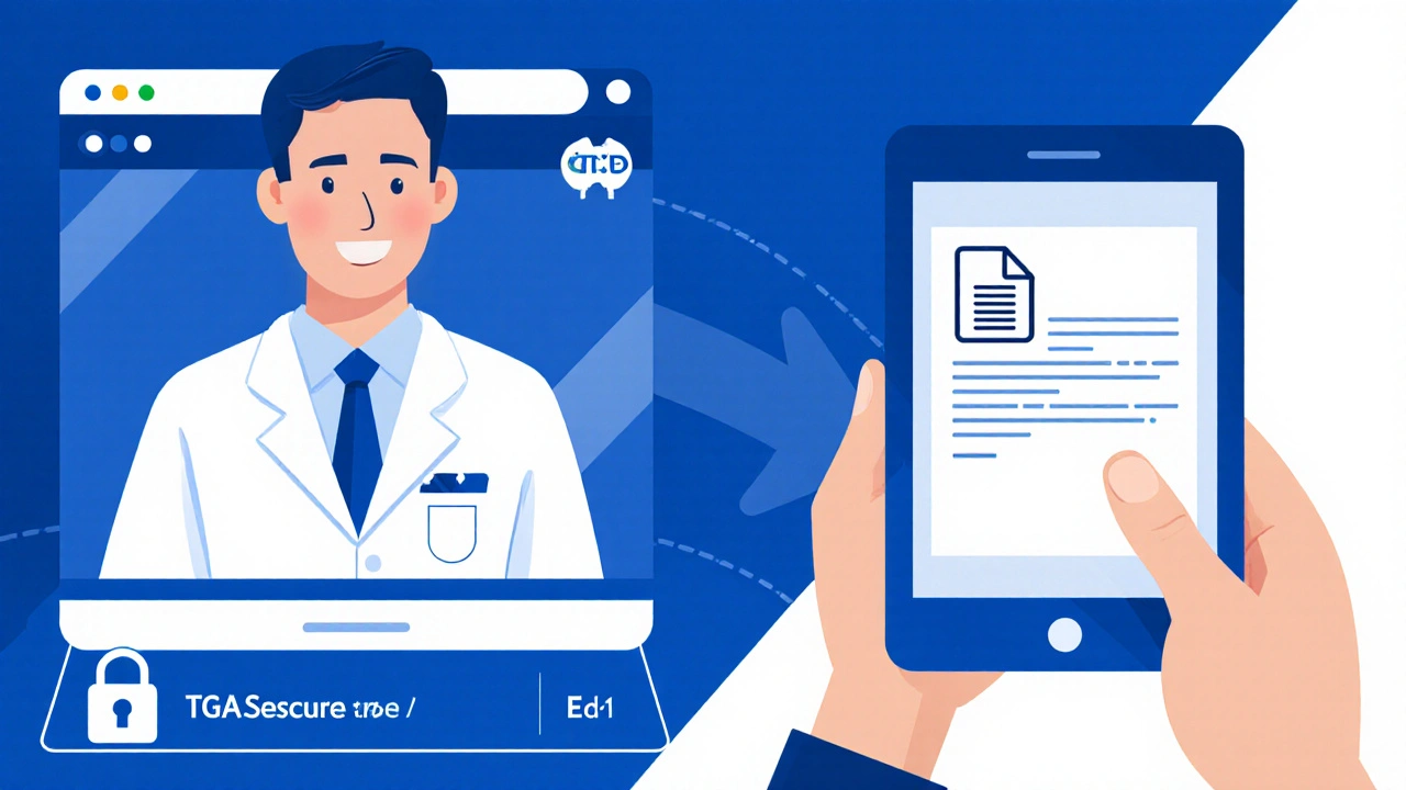 Telehealth video call showing doctor, HTTPS padlock, TGA number, and patient uploading e‑prescription.