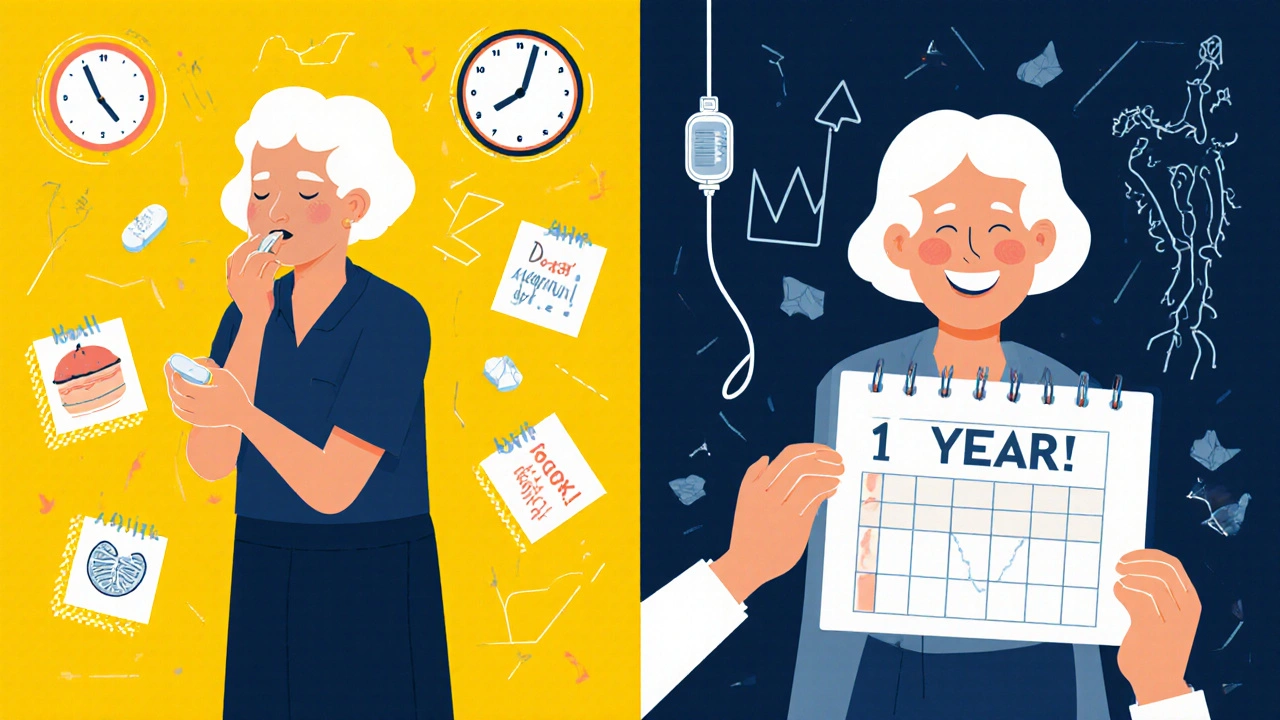 Two elderly women: one struggling with strict Didronel dosing, the other receiving easy annual IV infusion.