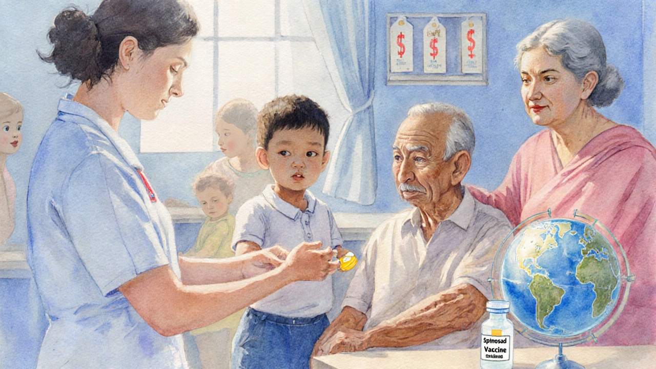 Watercolor of a clinic where patients receive a tablet and lotion, symbolizing hopeful treatment access.