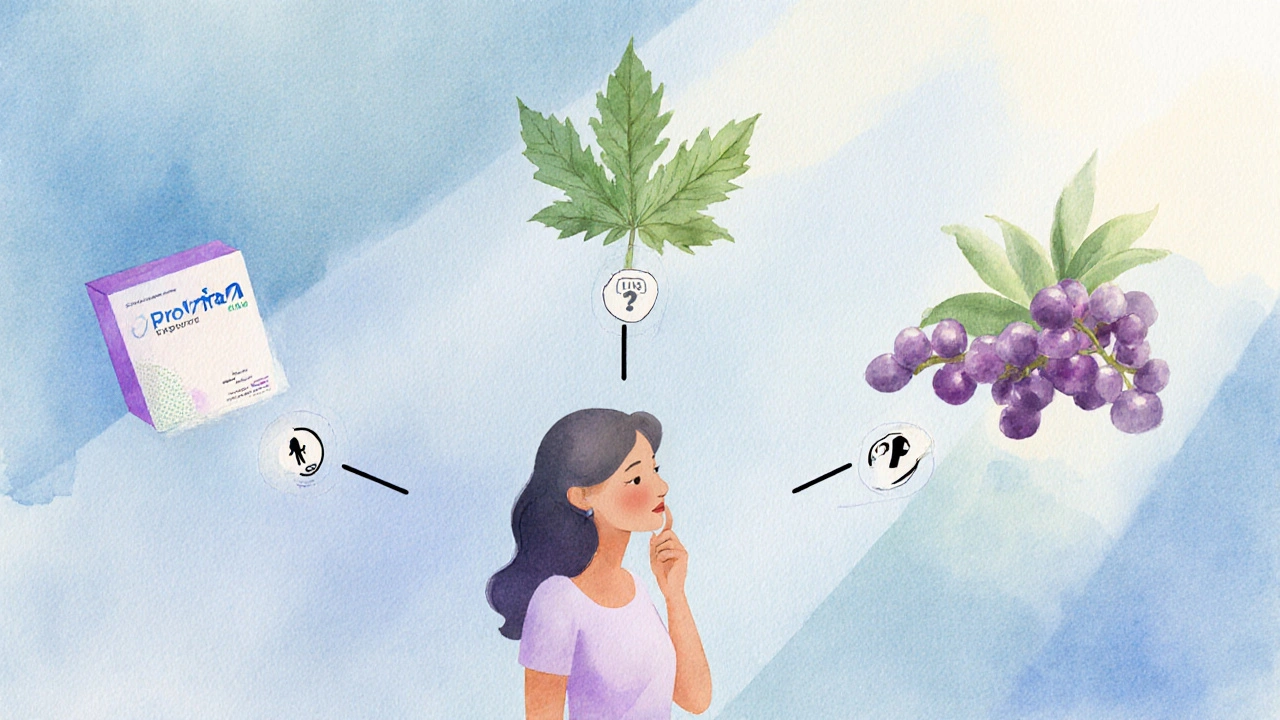 Watercolor scene of a woman with three branches representing systemic, local, and natural hormone options.