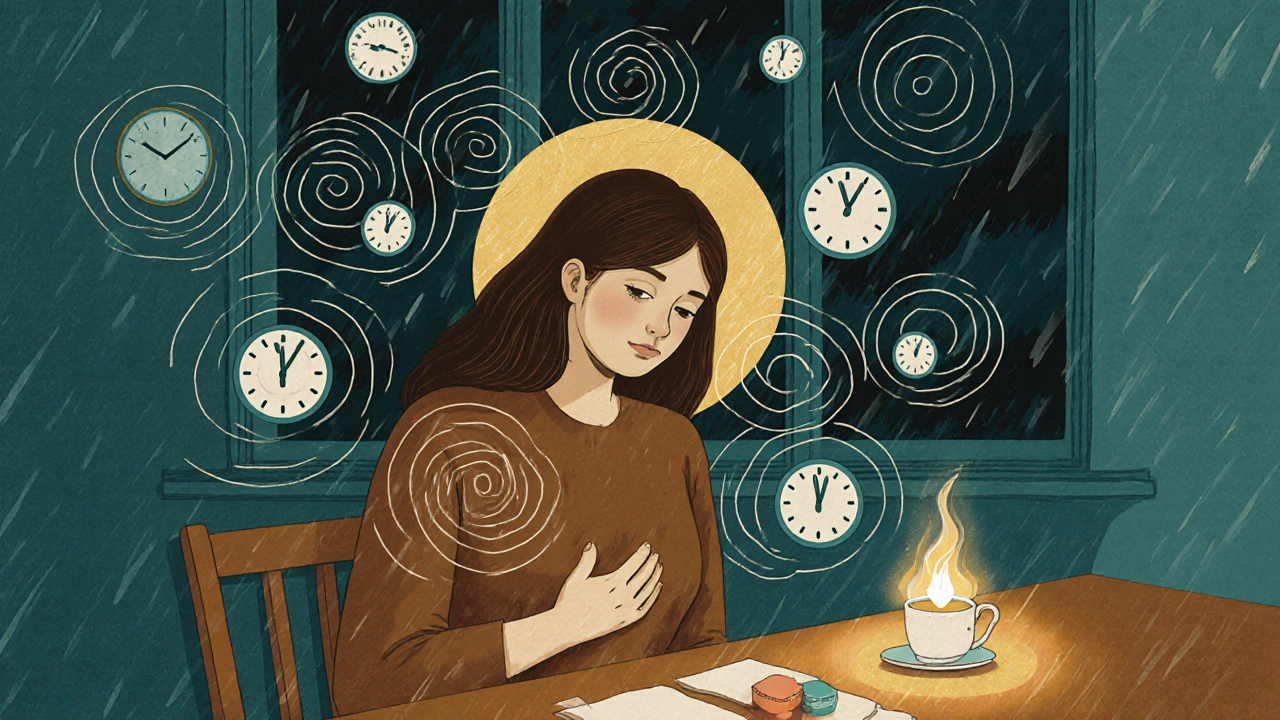 Woman at a kitchen table during a storm, anxiety symbols rising as a glowing hydroxyzine pill rests beside her tea.