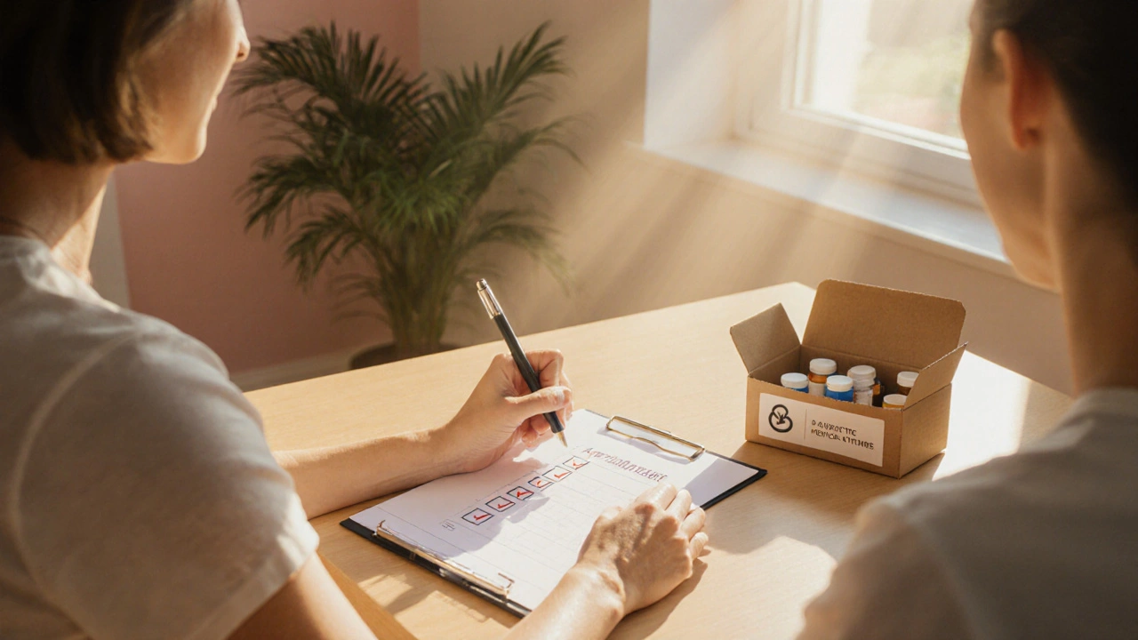 Woman checking a list beside an opened box of pills, indicating final purchase checklist.