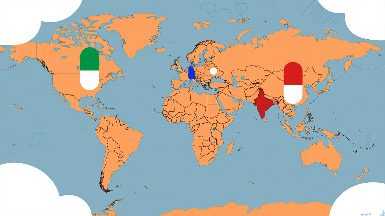 World map showing four regions with pill icons and price tag silhouettes in flat graphic style.