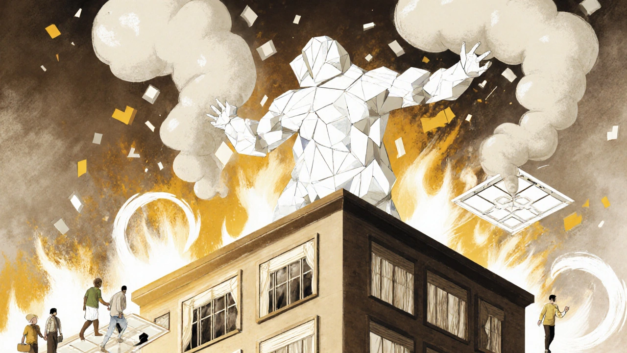A crystalline hero standing over a burning building, releasing protective vapor clouds while people evacuate safely.