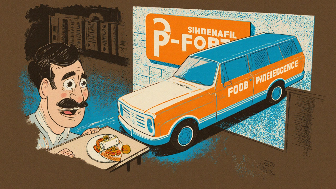 A man blocked by a fatty meal while a sildenafil tablet struggles to reach him, contrasted with a smooth-moving tadalafil tablet.