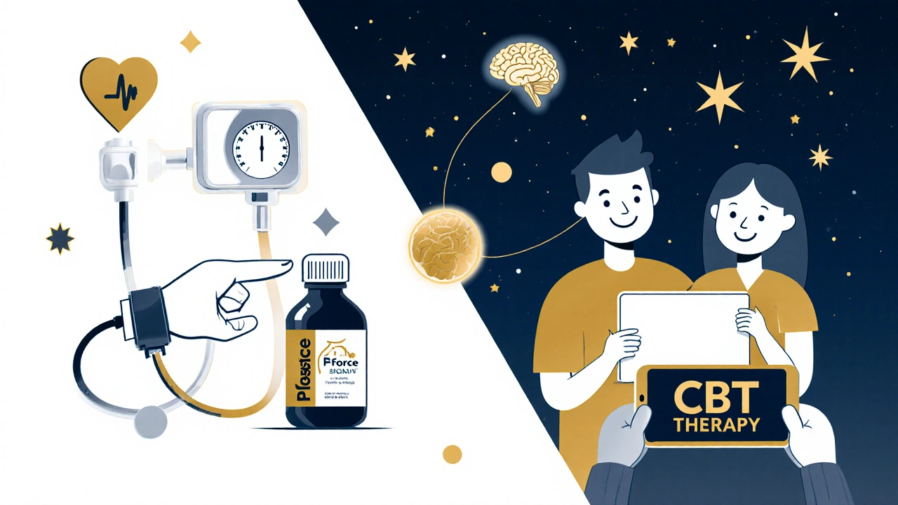 A man receiving medical advice on one side and enjoying intimacy on the other, connected by a symbolic thread to therapy.