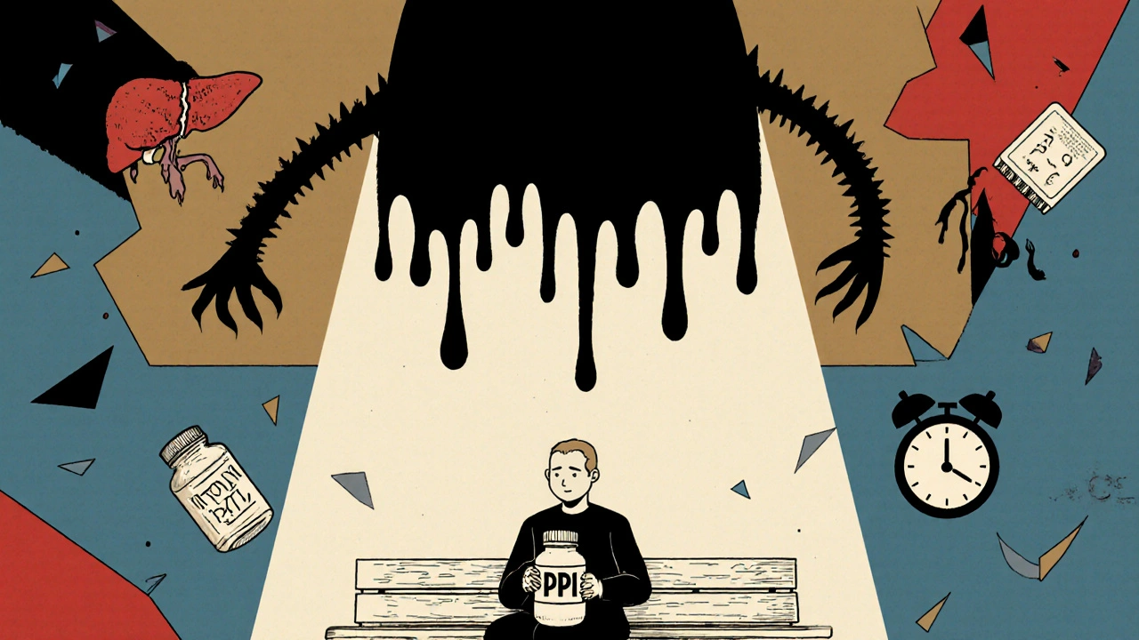 A patient overshadowed by a monstrous gastrinoma, surrounded by icons of chronic illness and treatment.